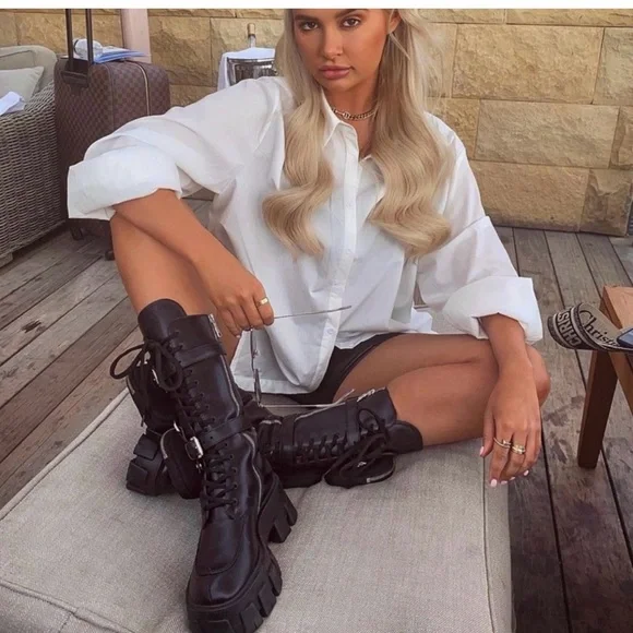 Prada Monolith Black Leather Combat Boots With Removable Pouches Tall Boot Sz 37 - Picture 4 of 12